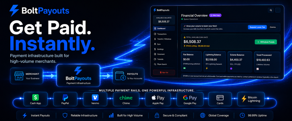 BoltPayouts โ Get Paid Instantly. Payment infrastructure built for high-volume merchants.